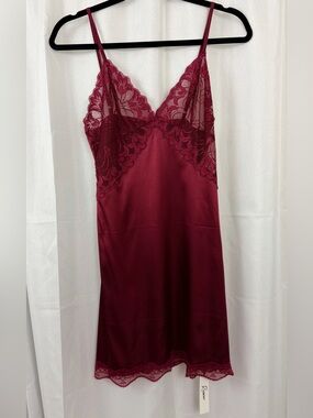 Sexy Satin Chemise Slip/Nightly with Sheer Lace Top in Wine Red   NWT